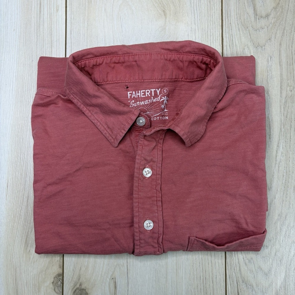 Faherty Sunwashed Organic Cotton Polo Shirt Mens Small Salmon Pocket Logo